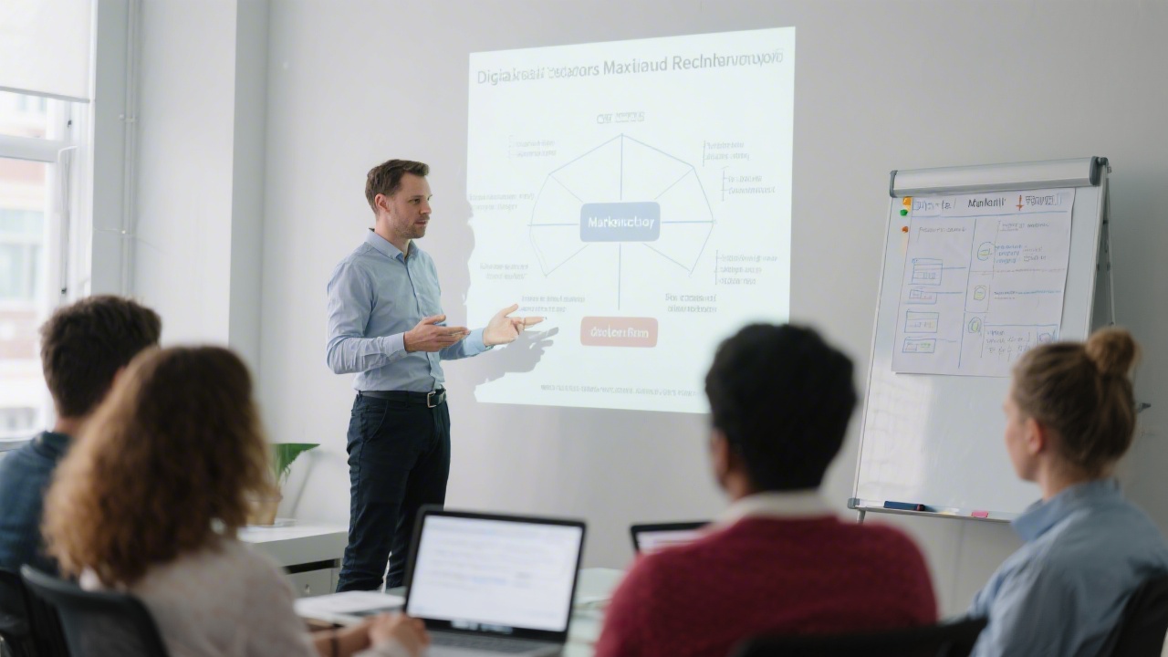 Instructor presenting a digital marketing framework to a small group using a projector and whiteboard, showing an interactive training session with clear focus