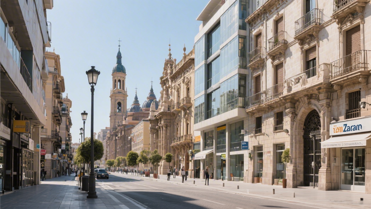 Street view of Zaragoza city center with historic buildings and modern urban elements, representing accessibility and a professional environment for local business training