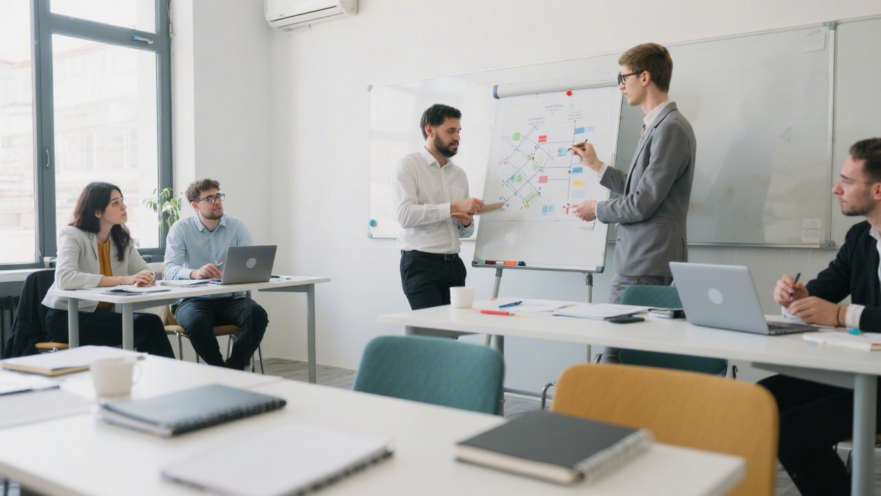 Professional marketing workshop in a bright classroom with notebooks, laptops and whiteboard, participants focused on strategy exercises and collaborative planning