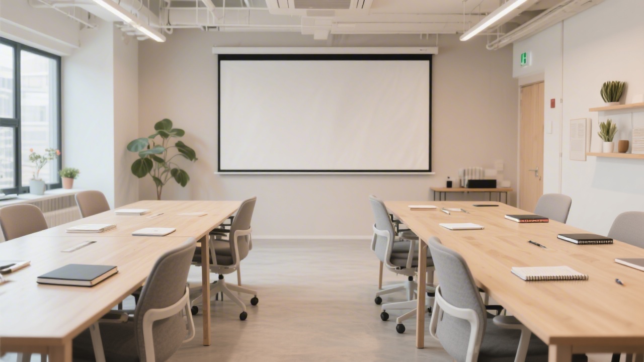 Clean coworking style workspace with neutral colors, large tables, notebooks and a presentation screen, suggesting focused collaboration and structured learning