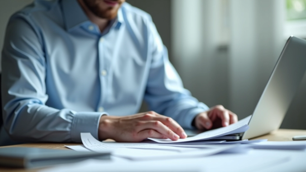 Osoba sedící u stolu s notebookem, pracující na organizaci účetních dokladů