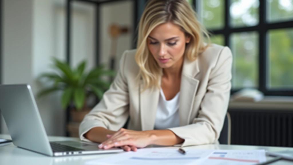 Žena sedící u stolu s notebookem a dokumenty, plánuje své daňové přiznání